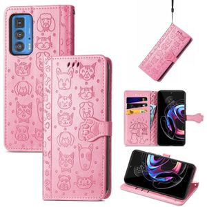 Voor Motorola Edge 20 Pro Mooie kat en hond embossing patroon horizontale flip lederen tas  met houder & kaart slots & portefeuille en cartoon clasp & lanyard