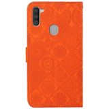 Voor Samsung Galaxy A11 etnische stijl relif patroon horizontale flip lederen hoesje met houder & kaart slots & portemonnee & lanyard (oranje)