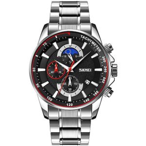 SKMEI 9250 Mannen Moonphase Stopwatch Datum Six Pin Roestvrijstalen band Quartz horloge (zilver zwart)