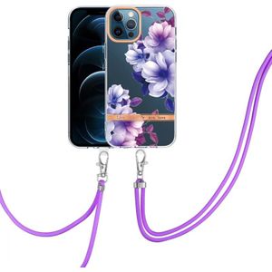 Flowers Series TPU telefoonhoesje met lanyard voor iPhone 12 pro max (paarse begonia)