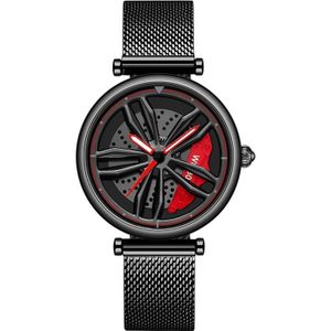 SANDA 1074 3D Hollow Out Wheel Non-rotatable Dial Quartz Watch for Women  Style:Mesh Belt(Black Red)