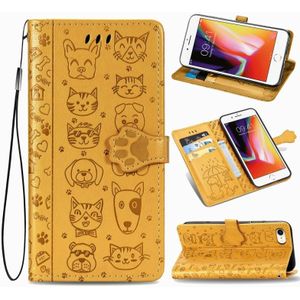 Voor iPhone SE 2020 Cute Cat en Dog Embossed Horizontale Flip Lederen Case met beugel / kaartslot / Portemonnee / Lanyard(Geel)