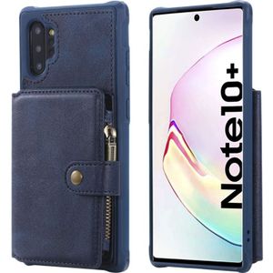 Voor Galaxy Note 10 Plus Buckle Zipper Shockproof Protective Case met Houder & Card Slots & Wallet & Lanyard & Photos Frames(Blue)