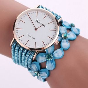 Vrouwen ronde wijzerplaat bloem Diamond hengsten armband horloge (licht blauw)