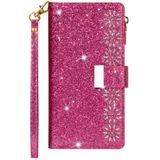 Voor iPhone X / XS Multi-card Slots Starry Sky Laser Carving Glitter Zipper Horizontale Flip Lederen Case met Holder & Wallet & Lanyard(Rose Red)