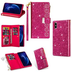 Voor iPhone X / XS Multi-card Slots Starry Sky Laser Carving Glitter Zipper Horizontale Flip Lederen Case met Holder & Wallet & Lanyard(Rose Red)