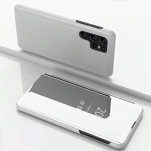 Voor Samsung Galaxy S22 Ultra 5G Geplated Spiegel Horizontale Flip Leren Case met Houder (Silver)