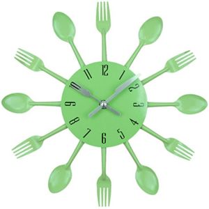 Bestek metalen keuken Wandklok lepel vork creatieve kwarts muur gemonteerde klokken modern design decoratieve horloge groen