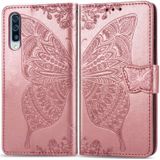 Butterfly Love bloemen relif horizontale Flip lederen case voor Galaxy A70  met houder & kaartsleuven & portemonnee & Lanyard (Rose goud)