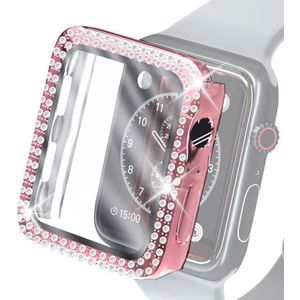 Electroplating PC Double Rows Diamond Protective Case met gehard glasfilm voor Apple Watch Series 3 & 2 & 1 42mm (Rose Pink)