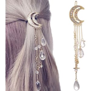 Mode elegante vrouwen Lady maan Rhinestone Crystal kwast lange keten kralen Dangle haarspeld Hair clip haar juwelen (goud)