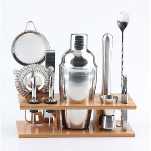 11 in 1 RVS cocktail shaker tools set met houten beugel  capaciteit: 550ml