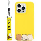 Voor iPhone 14 Pro Max Silicone Painted Phone Case met Lanyard (Bear Family)