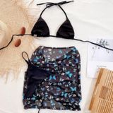 3 in 1 Lace-up Halter Backless Bikini Dames Split Badpak Set met Butterfly Pattern Mesh Short Skirt (Kleur: Zwart Maat: L)