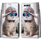 Voor Huawei Honor 9 Gekleurde tekening kruistextuur Horizontale Flip PU Lederen kast met Houder & Card Slots & Wallet & Lanyard(B20 Slant Hat Blue Mirror Cat)