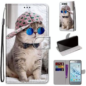 Voor Huawei Honor 9 Gekleurde tekening kruistextuur Horizontale Flip PU Lederen kast met Houder & Card Slots & Wallet & Lanyard(B20 Slant Hat Blue Mirror Cat)