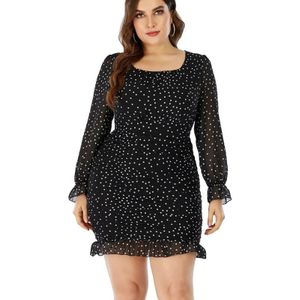 Vrouwen groot formaat polka dot chiffon ruches lange mouw jurk (kleur: zwart maat: xxxxl)