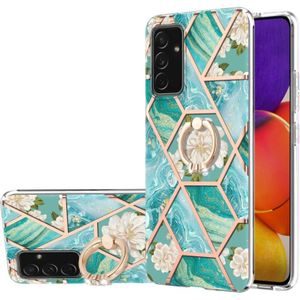 Voor Samsung Galaxy A82 5G Electroplating Splicing Marmeren Bloempatroon TPU Schokbestendig Case met Rhinestone Ringhouder (Blauwe Bloem)