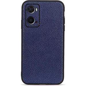 For OPPO A76 Accurate Hole Litchi Texture Genuine Leather Phone Case(Blue)