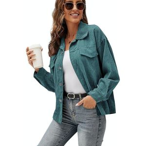 Revers lange mouwen corduroy jas shirt losse casual vest jack voor dames (kleur: groen maat: L)