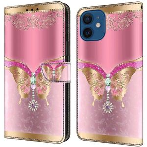 Voor iPhone 12 mini / 13 mini Crystal 3D schokbestendig beschermend lederen telefoonhoesje (roze onderkant vlinder)