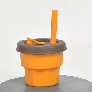 Kinderen siliconen stro cups drop en hoge temperatuur resistente water cups kurkuma cup + bruine cover (300ml)