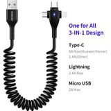 ENKAY Hat-Prince 3 in 1 6A USB naar 8 Pin+Type-C+Micro USB Supper Fast Charge Lente Kabel  Lengte: 1.8m(Zwart)