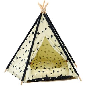 Cotton Canvas Pet Tent Cat en Dog Bed met kussen  specificatie: Grote 60  60  70cm (Beige Navy Star)