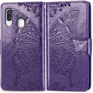 Butterfly Love bloemen relif horizontale Flip lederen case voor Galaxy A40  met houder & kaartsleuven & portemonnee & Lanyard (donker paars)