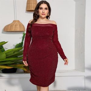 Plus Size Off Shoulder Lange Mouw Sexy Schede Jurk (Kleur: Wijnrood Maat: L)