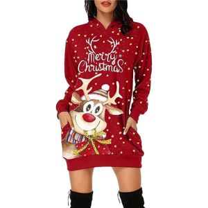 Vrouwen Kerst Elk Print Lange Mouw Sweatshirt Jurk (Kleur: Rood Maat: XL)