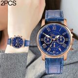 2 stuks drie-oog zes-naald imitatie riem quartz horloge voor vrouwen/mannen (blauw)