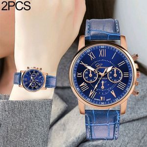 2 stuks drie-oog zes-naald imitatie riem quartz horloge voor vrouwen/mannen (blauw)