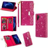 Voor Samsung Galaxy Note10 Multi-card Slots Starry Sky Laser Carving Glitter Zipper Horizontale Flip Lederen Case met Holder & Wallet & Lanyard(Rose Red)