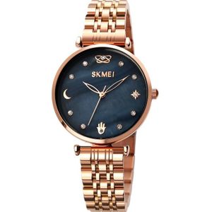 SKMEI 1800 Simple Diamond Round Dial roestvrijstalen band Quartz horloge voor dames (rose goud en zwart)