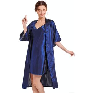 Imitatie Zijde Pure Kleur Sexy V-hals Nachtjapon Sling Rok 2 in 1 Kit  Maat: XL (Donkerblauw)