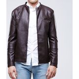 Herslim-fit Washed PU Leather Jacket (Color:Coffee Size:XL)