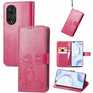 Voor Honor 50 Pro vierbladige gesp relif gesp mobiele telefoon bescherming lederen geval met lanyard &card slot &portemonnee &beugel functie (Magenta)