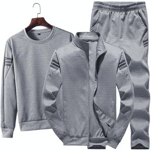 3 in 1 Herfst Dun Fluweel Ronde Hals Dieptepunt Shirt + Opstaande Kraag Vest Jas + Broek Casual Sport Pak voor Mannen (Kleur: Grijs Maat: XXXXL)