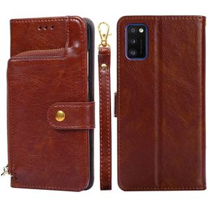 Voor Samsung Galaxy A41 EU-versie Zipper Bag PU + TPU Horizontale Flip Lederen Case met Houder & Card Slot & Portemonnee & Lanyard (Brown)