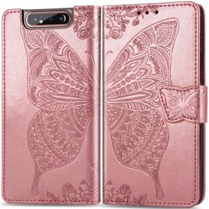 Butterfly Love bloemen relif horizontale Flip lederen case voor Galaxy A80/A90  met houder & kaartsleuven & portemonnee & Lanyard (Rose goud)