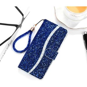 Voor Samsung Galaxy A20e Glitter Powder Horizontale Flip Lederen case met kaartslots & houder & lanyard(blauw)