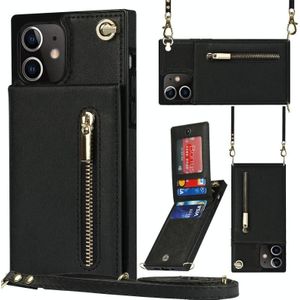 Cross-body rits vierkante TPU + PU achterkant case met houder & kaart slots & portemonnee & riem voor iPhone 12/12 pro