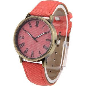 Denim textuur stijl ronde wijzerplaat Retro digitaal Display vrouwen & mannen Quartz horloge met PU leder Band(Pink)