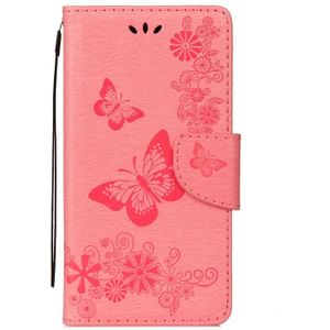 Voor Galaxy J7 (2017) (EU versie) geperst bloemen vlinder patroon horizontale Flip lederen draagtas met houder & kaartsleuven & portemonnee & Lanyard (roze)