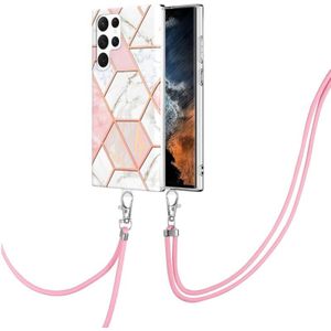 Voor Samsung Galaxy S23 Ultra 5G Electroplating IMD Splicing Dual-side Marble TPU Phone Case met Lanyard (roze wit)