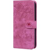 Cartoon Sakura Cat Embossed Leather Case For iPhone 12 Pro Max(Rose Red)