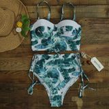 Hoge taille Leaf print retro blote rug Split bikini badpak voor vrouwen  maat: L (groen)