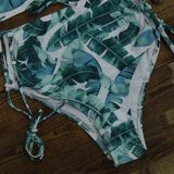 Hoge taille Leaf print retro blote rug Split bikini badpak voor vrouwen  maat: L (groen)