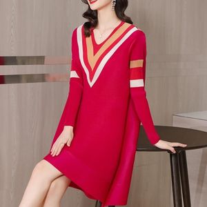 Casual Slanke marine-stijl V-hals jurk (kleur: Rose rood Maat: Gratis grootte)